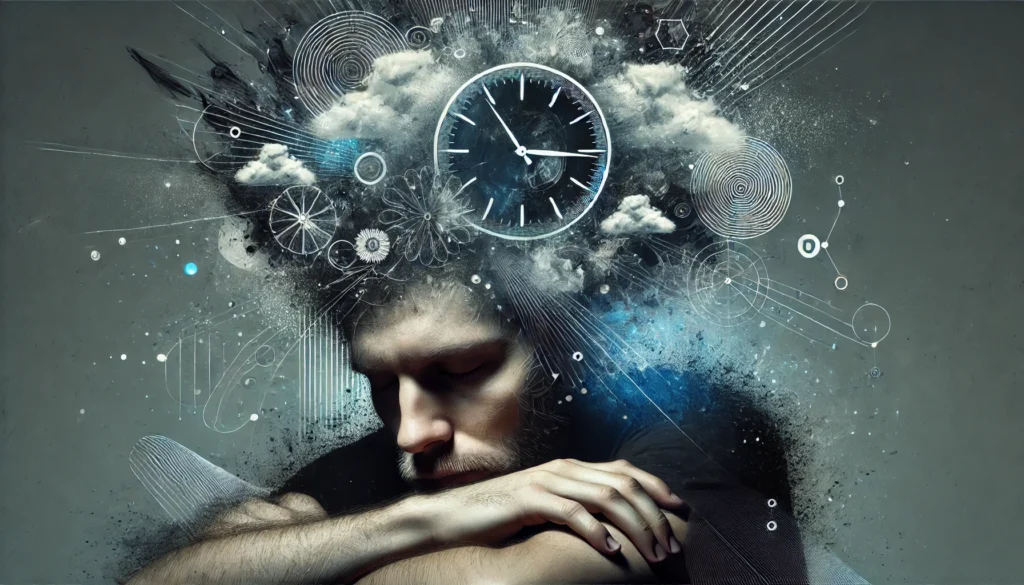 A conceptual visualization of the effects of interrupted sleep on mental health, featuring a fatigued person with abstract elements symbolizing cognitive fog, stress, and mood swings. The moody, surreal composition with dark and cool tones conveys emotional and psychological strain.