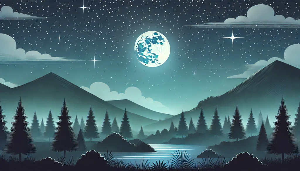 A tranquil nighttime landscape featuring a peaceful sky filled with stars and a glowing moon. A quiet forest or mountain range enhances the serene atmosphere, symbolizing the connection between nature and healthy sleep habits. The image is completely free of text and numerical elements.