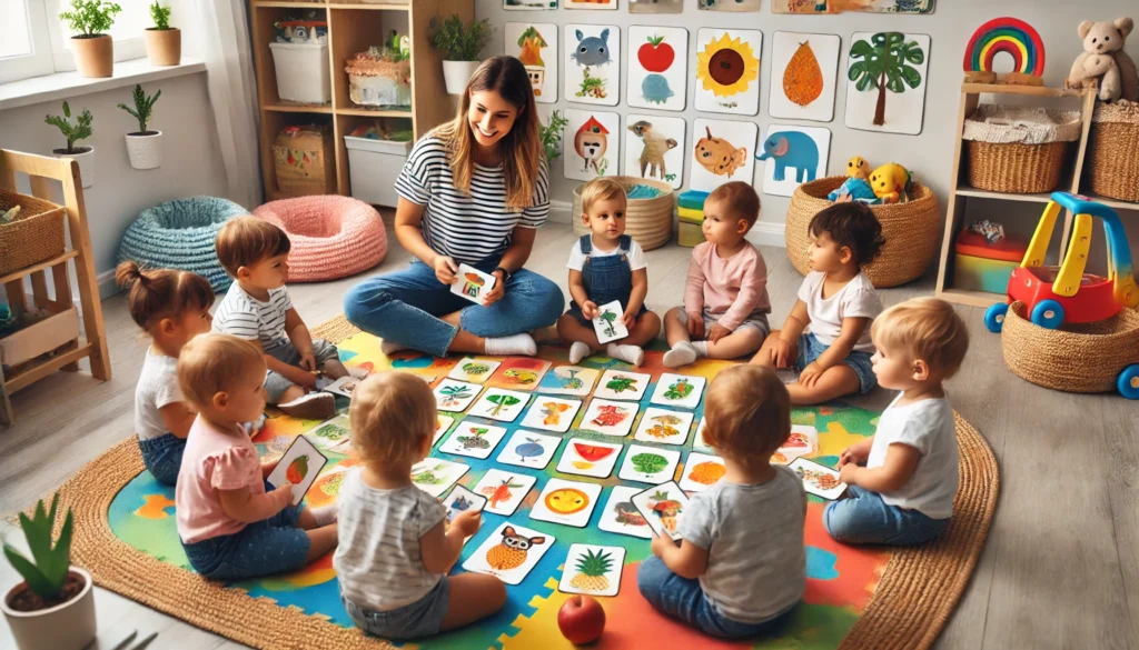 Toddlers playing a memory matching game with large illustrated cards in a classroom setting, guided by a teache