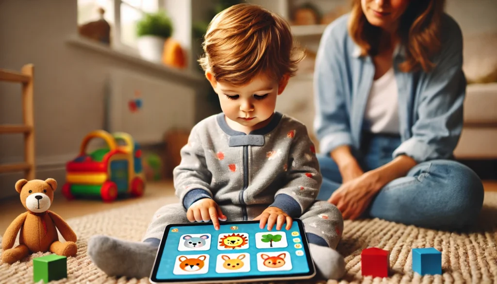 A toddler playing a digital memory game on a tablet, matching colorful animal icons, with a parent watching