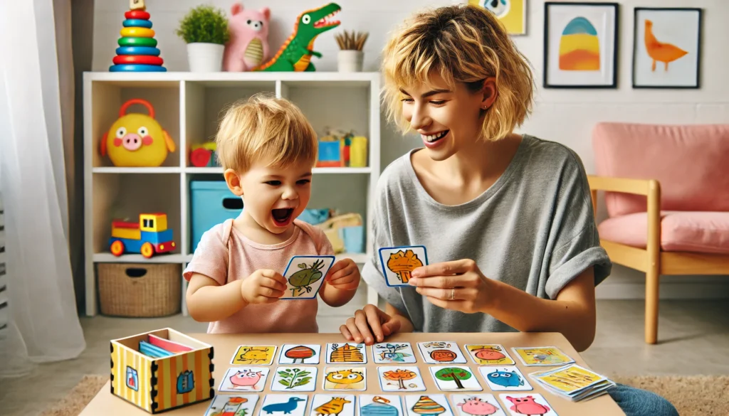 A toddler and parent enjoying a DIY memory game using handmade illustrated cards with colorful drawings of animals and objects