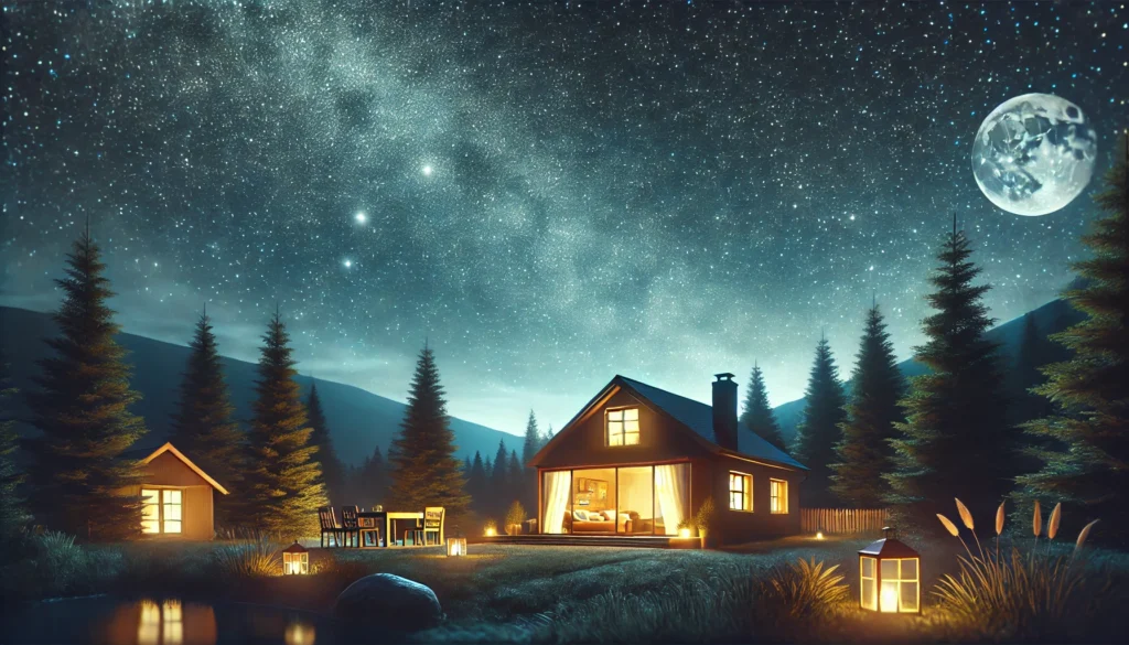 A serene outdoor nighttime view with a starry sky. A cozy home glows warmly from within, creating a peaceful and inviting atmosphere that evokes a sense of nighttime relaxation.