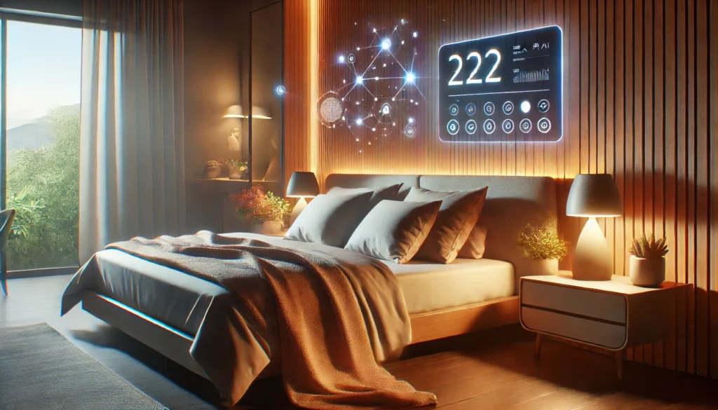 A tranquil and modern sleep environment featuring a contemporary bedroom with a comfortable bed, soft ambient lighting, and an advanced sleep-enhancing setup. The calming atmosphere and warm color palette promote relaxation and restful sleep.