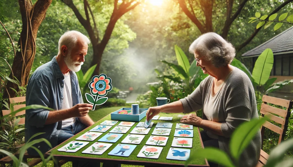 Elderly couple engaging in cognitive stimulation activities outdoors, playing a memory game as part of holistic dementia treatment