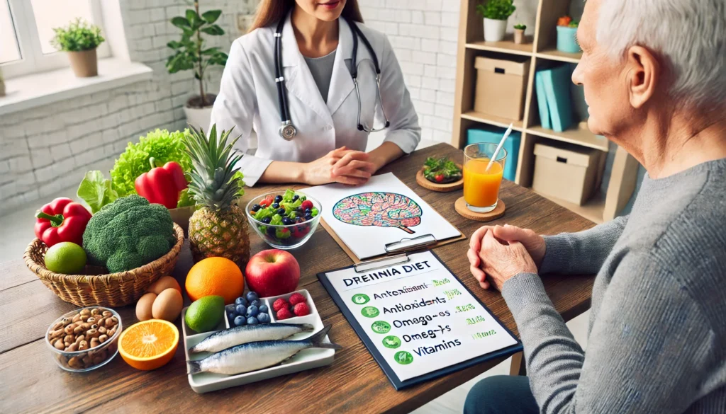 Nutritionist advising an elderly patient on a brain-healthy diet for dementia treatment, with a table full of nutrient-rich foods