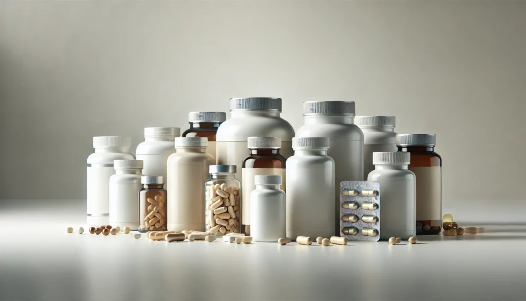 A high-quality image of various supplement bottles and capsules displayed on a clean, neutral background. The bottles are completely unbranded and generic, with no visible text, labels, or branding, emphasizing purity and simplicity.