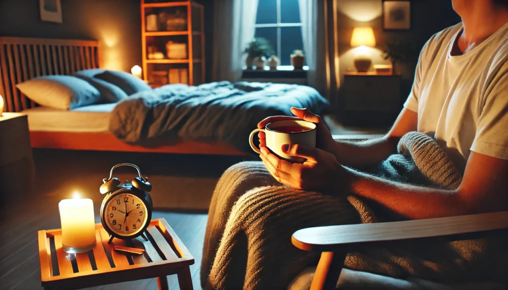 A person enjoying a warm cup of herbal tea in a cozy setting before bedtime. Soft lighting and a tranquil atmosphere promote relaxation and better sleep.