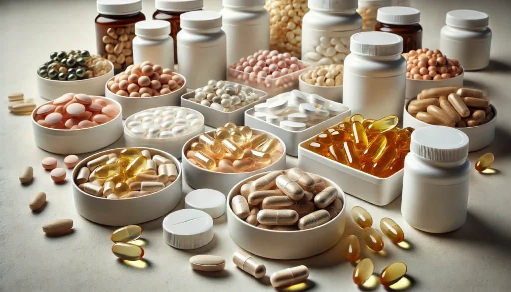 A detailed close-up of various vitamin supplements and soft gel capsules in neutral, unbranded containers, showcasing different shapes and colors for general health and nervous system support in a clean, well-lit setting.