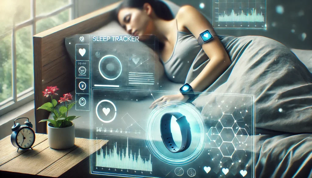 A person resting while wearing a high-tech sleep tracker, with a holographic display showing sleep data analytics, representing the integration of technology with modern sleep science.