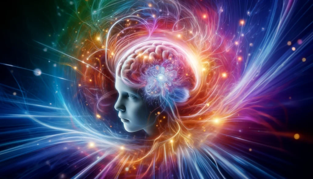 An artistic representation of a youthful brain in motion, surrounded by swirling light trails and abstract neural pathways, conveying intelligence and mental clarity