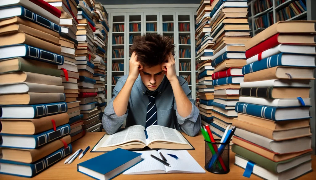 A high school student sits at a library table, surrounded by towering stacks of books, pulling their hair in frustration. Open notebooks and scattered pens symbolize the overwhelming academic pressure.