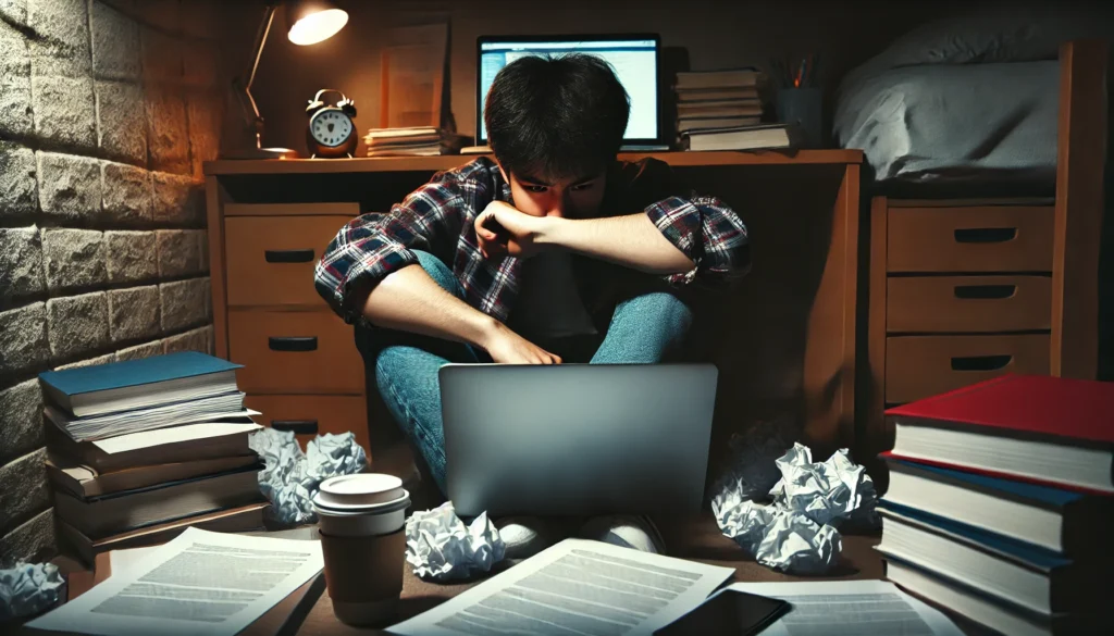 A university student sits alone in a dimly lit dorm room, staring at a laptop screen with a stressed expression. Papers, books, and an unfinished cup of coffee are scattered around, conveying the burden of deadlines and academic burnout.