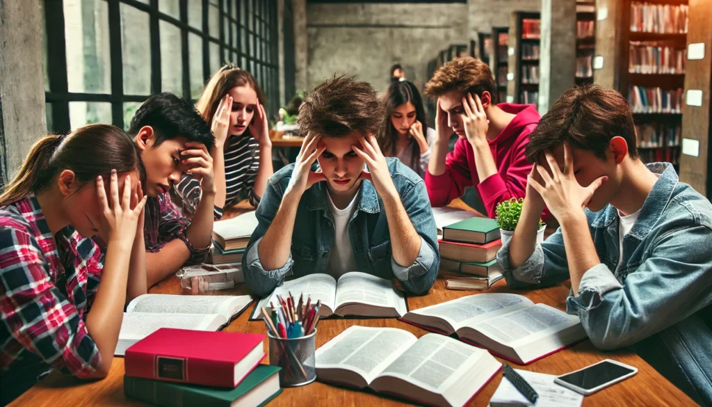 A group of stressed students in a study group sits around a table in a library. Some are holding their heads in frustration, others are flipping through textbooks, and one is rubbing their temples, overwhelmed by the workload.