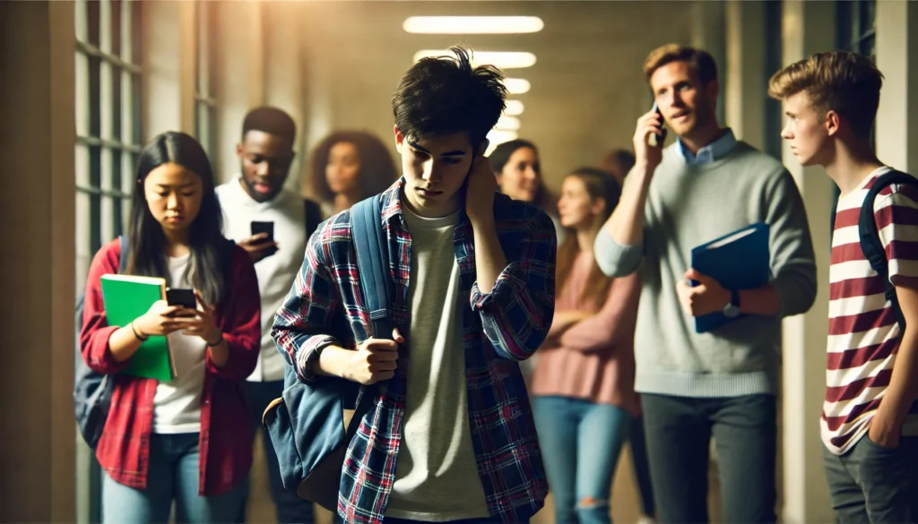 A stressed high school student walking through a crowded hallway, clutching a heavy backpack and school materials. Other students are engaged in conversations, highlighting feelings of academic pressure and isolation.