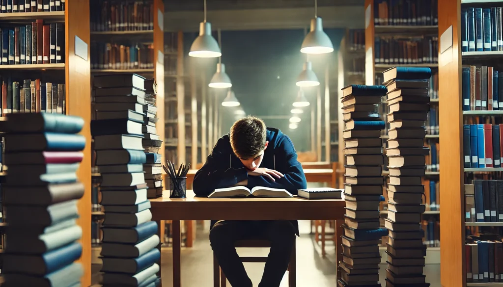 Exhausted high school student sitting alone at a library table, surrounded by towering stacks of books. The dimly lit library and soft desk lamp lighting reflect academic fatigue and stress.