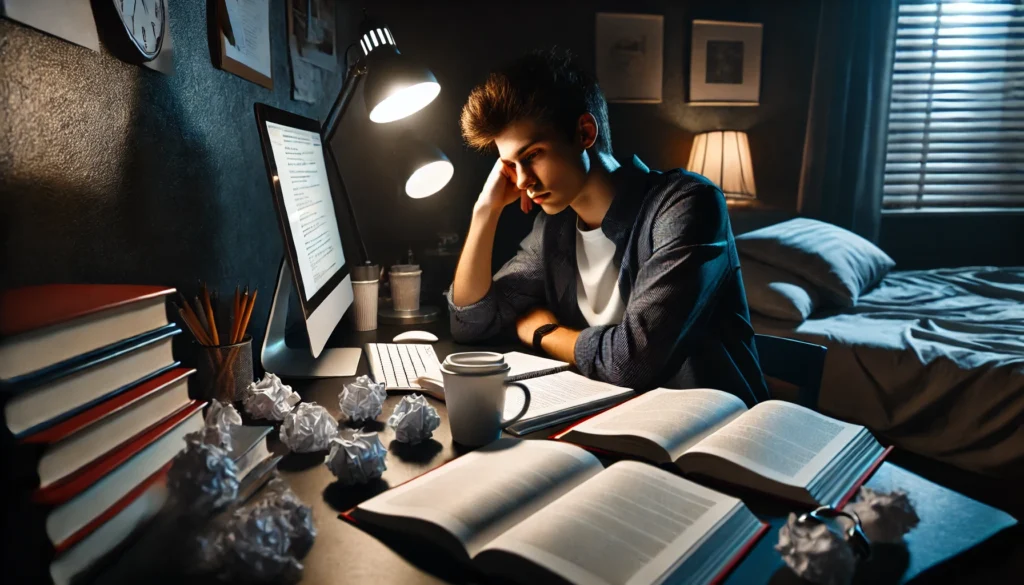 High school student working late at a desk in a dark bedroom, illuminated only by a computer screen and desk lamp. Open books, coffee cups, and crumpled notes symbolize late-night academic pressure and exhaustion.