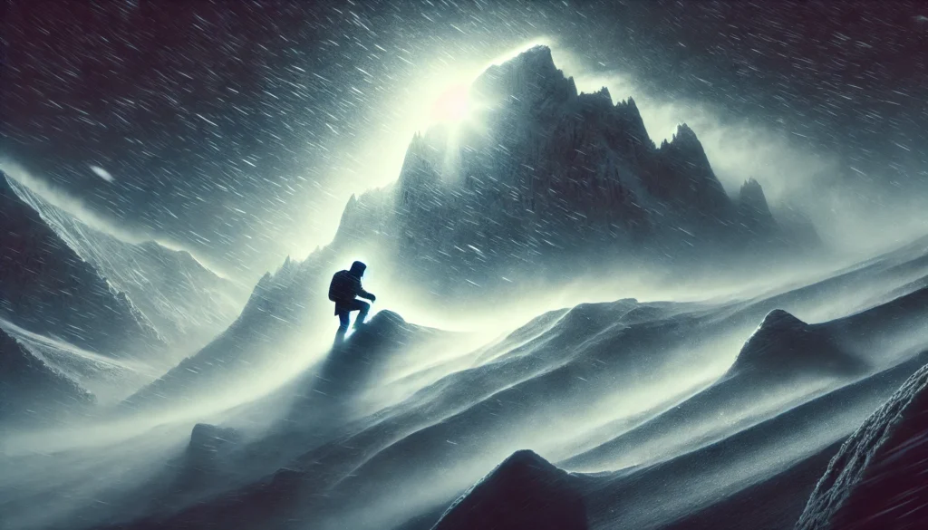 A lone mountain climber braving a snowstorm, steadily ascending despite harsh winds and freezing temperatures. The figure is illuminated by a soft light, symbolizing determination and the ability to push forward. Towering icy peaks in the background emphasize the sense of challenge and endurance.