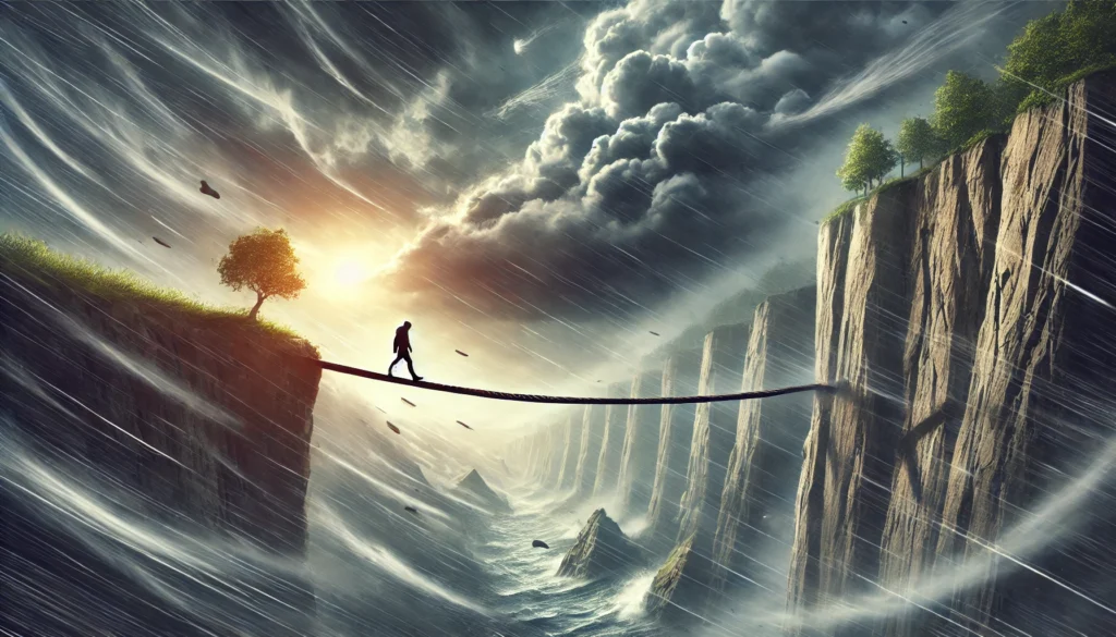 A person walking across a narrow bridge high above a canyon, surrounded by strong winds and turbulent skies. Despite the daunting environment, they move forward with confidence and balance, symbolizing inner strength, courage, and the ability to overcome high-stress situations.