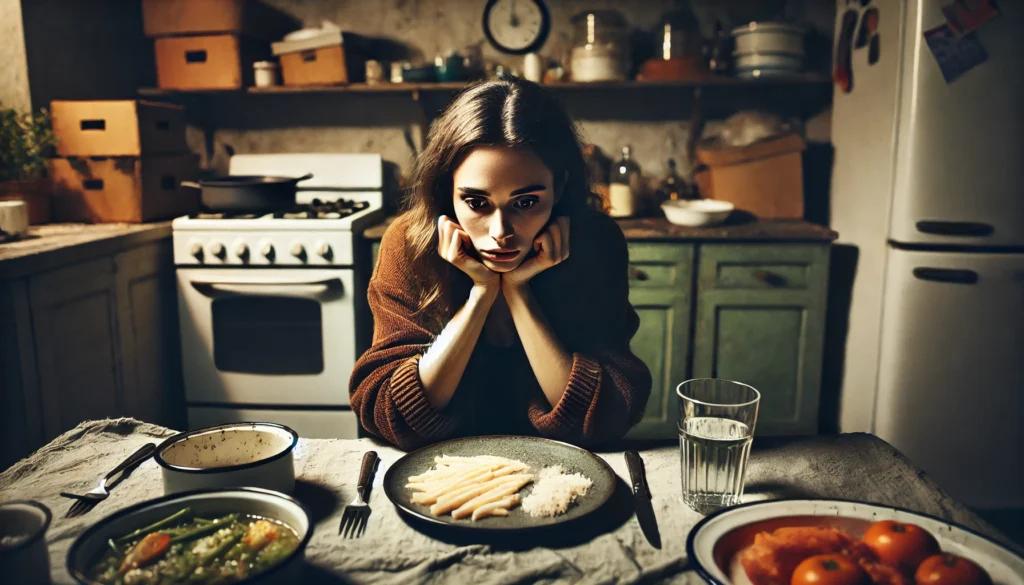 A woman sitting alone at a dinner table with untouched food, staring blankly at her plate. The dim lighting and cluttered surroundings emphasize her loss of appetite and emotional distress due to anxiety.