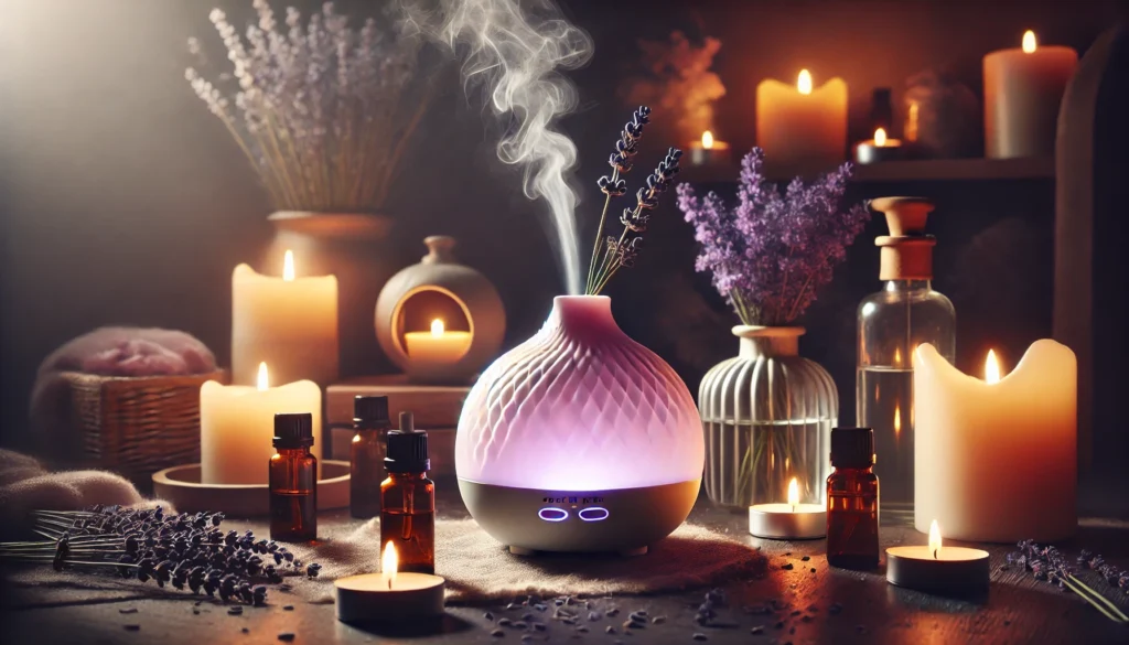 A cozy setting featuring an essential oil diffuser emitting a gentle mist, surrounded by lit candles and fresh lavender, creating a soothing ambiance for stress relief.