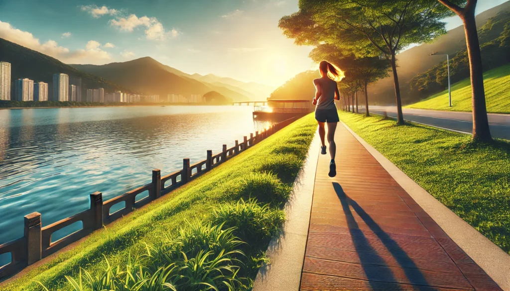 A scenic outdoor exercise scene where a person is jogging along a waterfront trail with fresh greenery, a calm lake, and warm sunlight, promoting movement as an anxiety relief method.