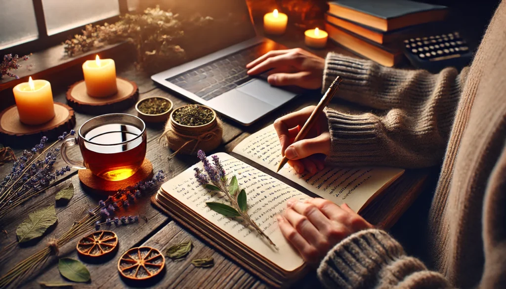 A warm, inviting scene where a person is writing in a notebook at a wooden desk, accompanied by a cup of herbal tea and warm lighting, encouraging introspection and stress reduction.