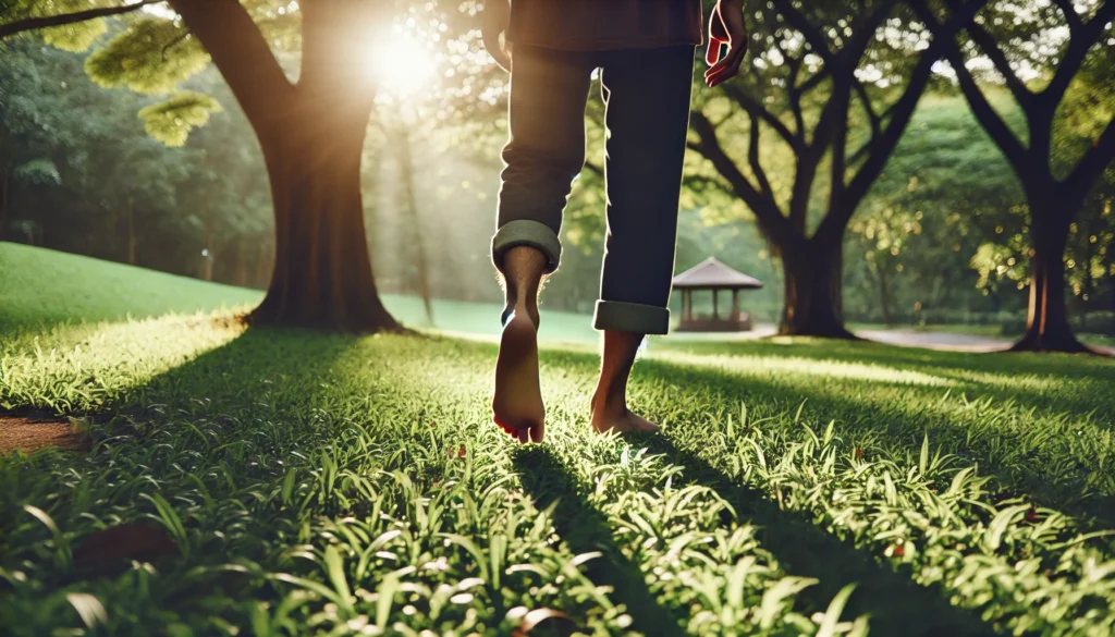 A person walking barefoot on grass in a peaceful park, practicing mindful walking as a quick stress-relief exercise, with sunlight filtering through the trees.