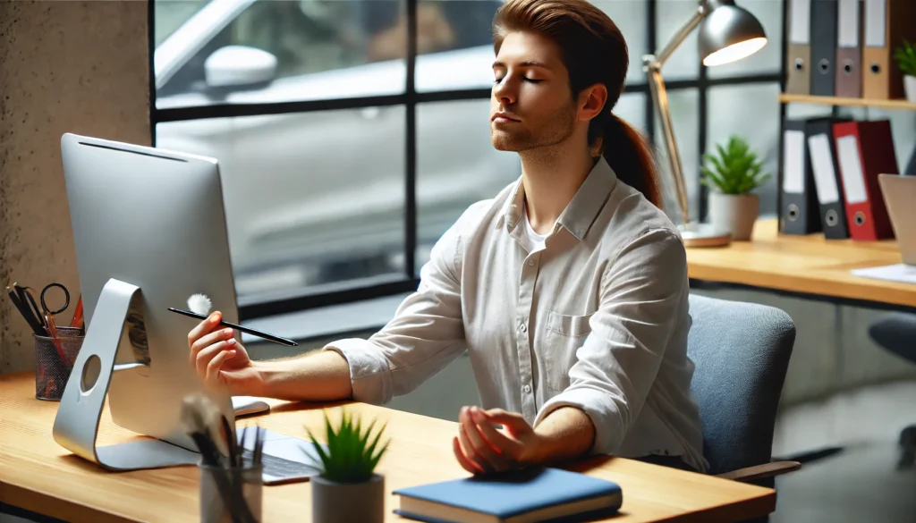 A person sitting at a work desk, closing their eyes and practicing a quick body scan relaxation exercise, with a peaceful and focused expression, surrounded by a calm office environment.