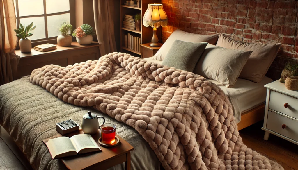 A cozy bedroom scene with a weighted blanket draped over a bed, complemented by warm lighting. A cup of herbal tea and a book on the bedside table enhance the sense of relaxation and comfort.