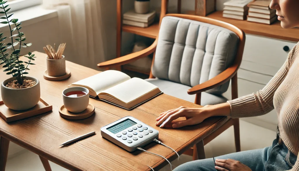 A serene workspace showcasing a biofeedback device on a wooden desk. The setting includes a comfortable chair, an open journal, and a cup of tea, promoting focus and relaxation for anxiety relief.