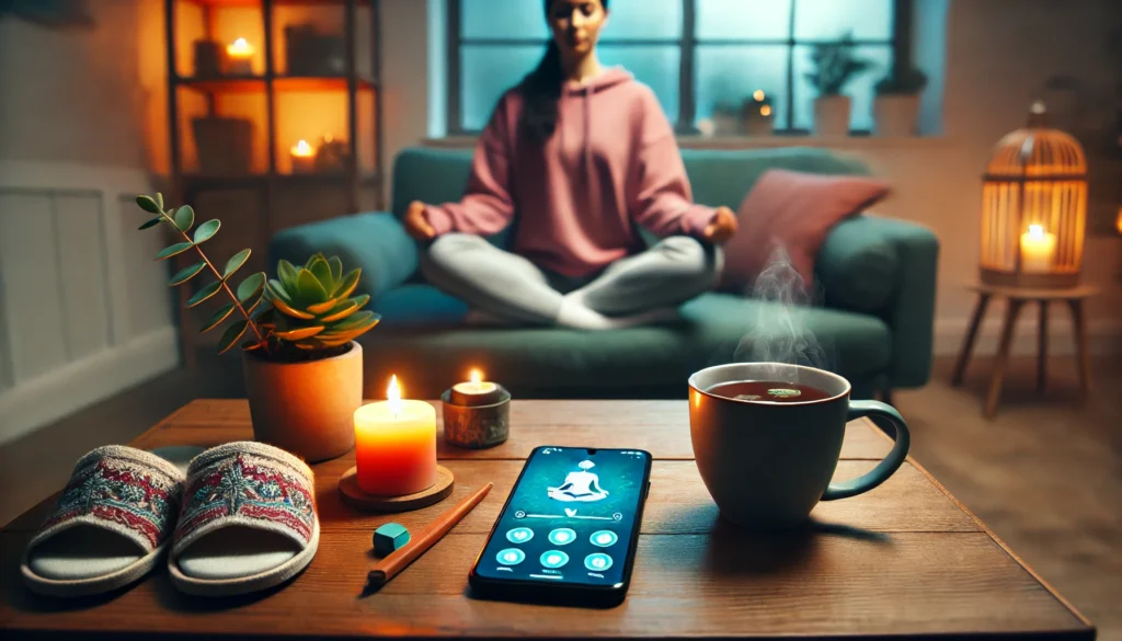 A tranquil living room featuring a meditation app running on a smartphone placed on a coffee table. Nearby, a person sits on a yoga mat, practicing mindfulness meditation in a cozy, relaxing environment.