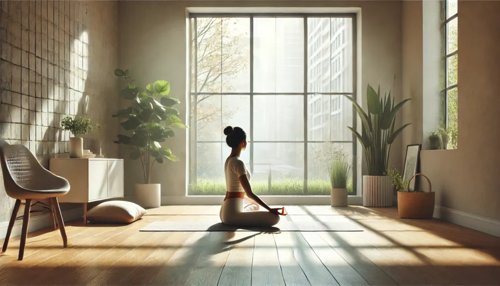 A peaceful indoor yoga session with a person performing a seated yoga pose in a minimalistic room. Soft natural light streams through large windows, and green plants enhance the relaxing atmosphere, promoting mental well-being.