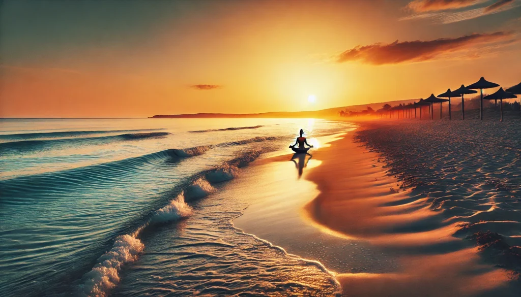 A tranquil beach setting with a person practicing yoga on the sand during sunset. The ocean waves gently reach the shore, and the sky is painted in warm hues, representing relaxation, mindfulness, and improved mental health.