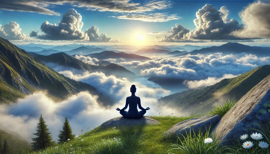 A peaceful mountaintop setting where a person meditates in the lotus position, surrounded by clouds and a breathtaking view. The serene environment symbolizes the connection between meditation, yoga, and mental clarity.