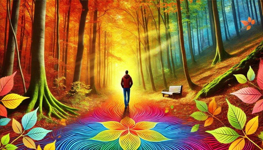 A vibrant autumn forest where a person walks mindfully along a leaf-covered path, absorbing the colors, scents, and sounds of nature, symbolizing the heightened awareness and presence of mindfulness.