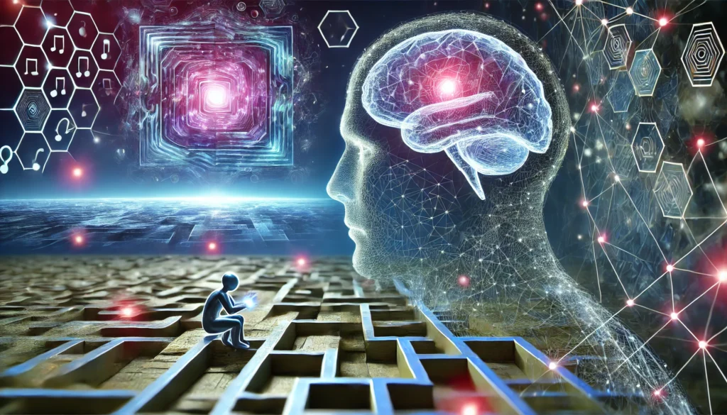 An artistic representation of an adult mind solving a complex digital puzzle, with holographic maze pathways and neural energy waves. The scene conveys mental agility, problem-solving, and the benefits of brain games for cognitive health.