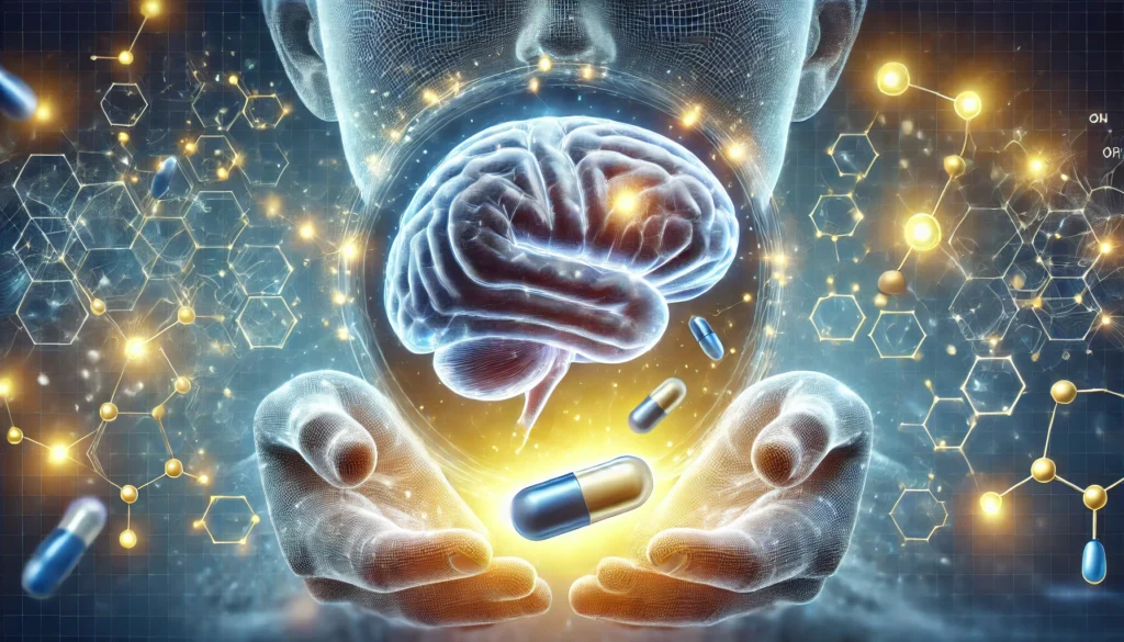 An artistic and scientific visualization of brain health supplements, featuring glowing capsules and molecular structures surrounding a human brain. The background consists of a soft, futuristic glow, emphasizing cognitive enhancement and neuroprotection.