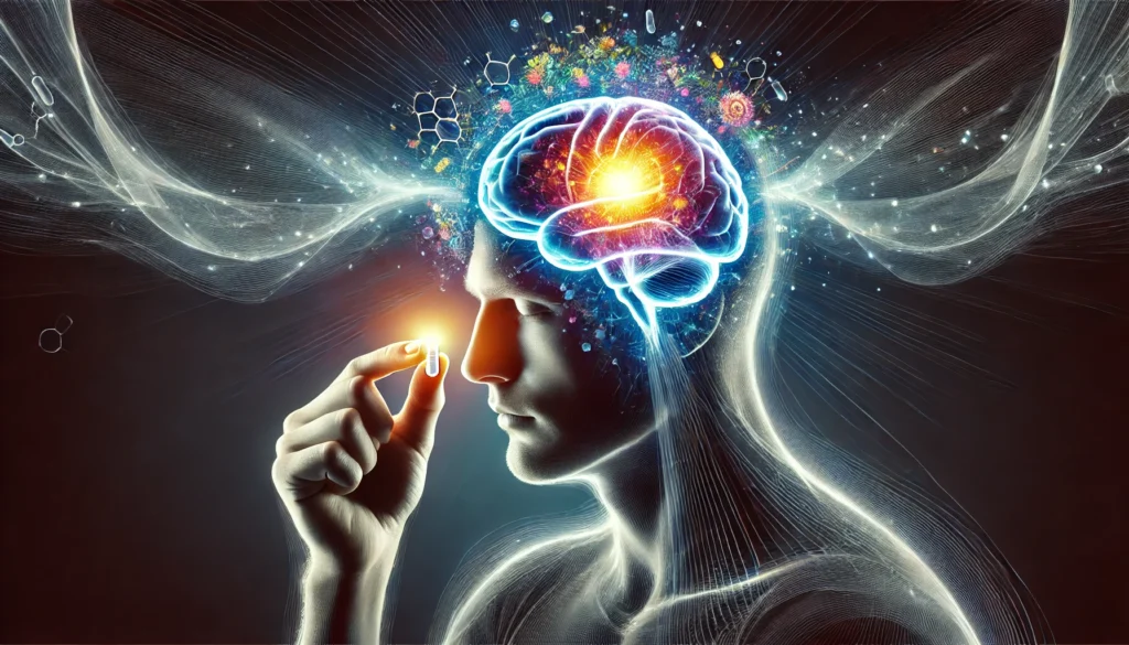 A conceptual image of a person taking a brain supplement, with their head partially transparent to reveal a glowing, active brain inside. Energy waves radiate from the brain, symbolizing cognitive enhancement and the potential benefits of supplements.