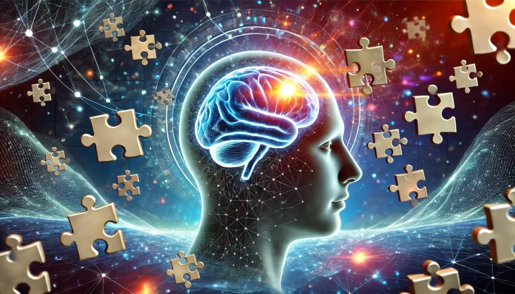 An artistic depiction of a person's head with a glowing brain, surrounded by interactive puzzle pieces and neural connections. The background features a digital landscape symbolizing brain training programs designed for unlocking human potential.