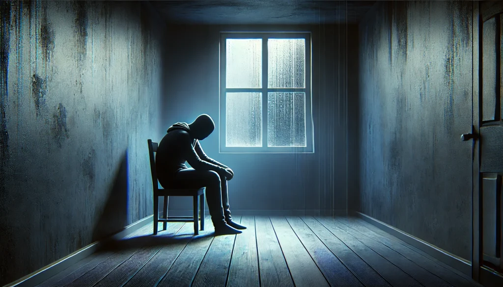 A lonely figure sitting in a dark room, gazing out of a rain-soaked window. The cold blue-gray tones and the withdrawn posture depict emotional numbness, sadness, and isolation.