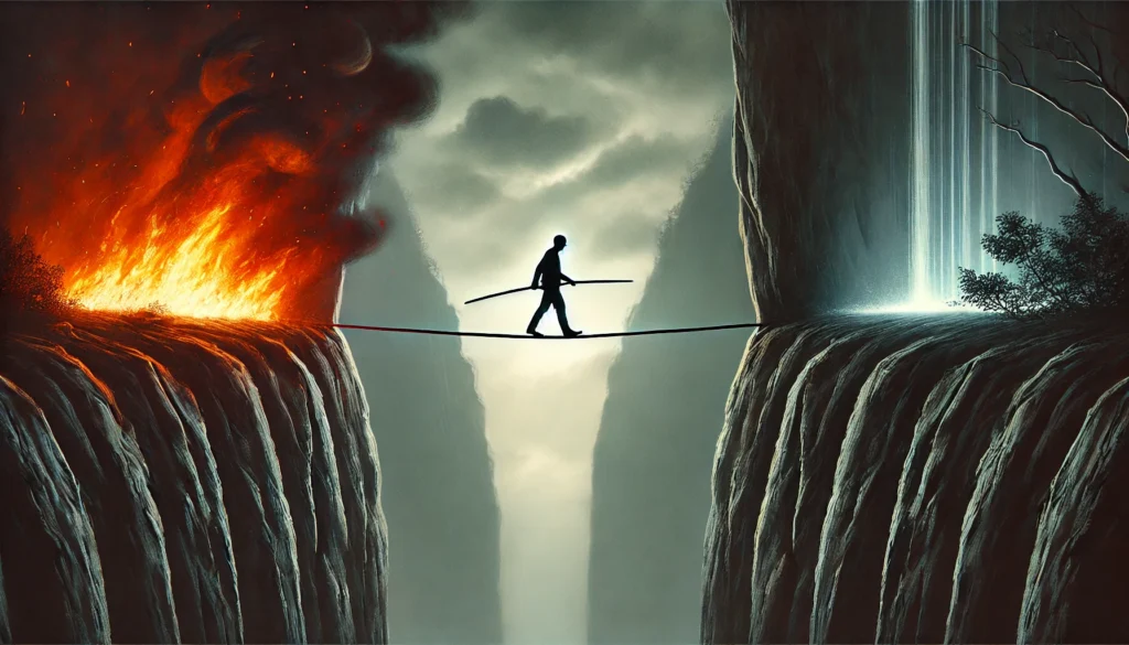 A person walking on a tightrope stretched between two cliffs—one side engulfed in flames (burnout), the other in deep darkness (depression). The figure appears unsteady, struggling to maintain balance, while an overcast sky adds to the tense and somber atmosphere, symbolizing the fragile state between exhaustion and emotional despair.