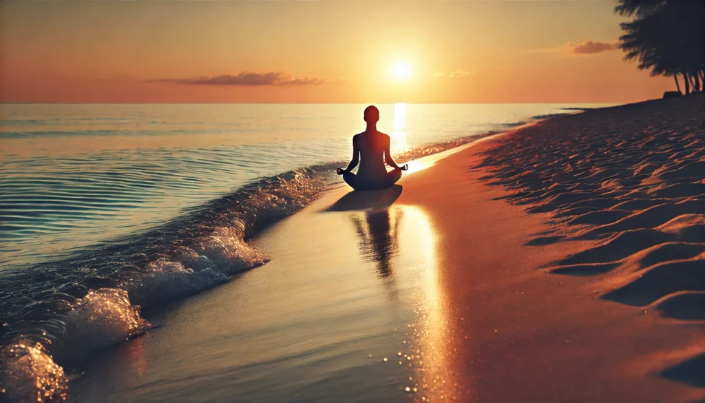 A woman meditating on a quiet beach at sunset, sitting in a lotus position near the shoreline. Gentle waves touch the sand, and the warm glow of the setting sun reflects on the water, creating a tranquil and peaceful atmosphere.