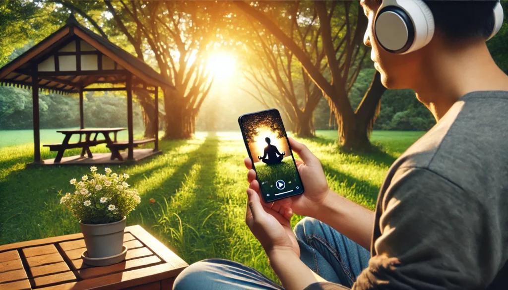 A person wearing headphones, sitting in a peaceful outdoor setting, listening to a guided meditation session on their smartphone. The background features a tranquil park with sunlight filtering through trees, symbolizing the experience of using meditation apps like Calm and Headspace.