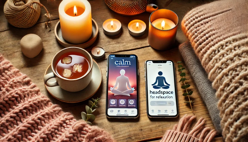 A cozy indoor space with two smartphones placed side by side, each displaying a different meditation app interface. A cup of herbal tea, candles, and a soft blanket create a warm and inviting ambiance, representing a comparison of Calm and Headspace for relaxation.