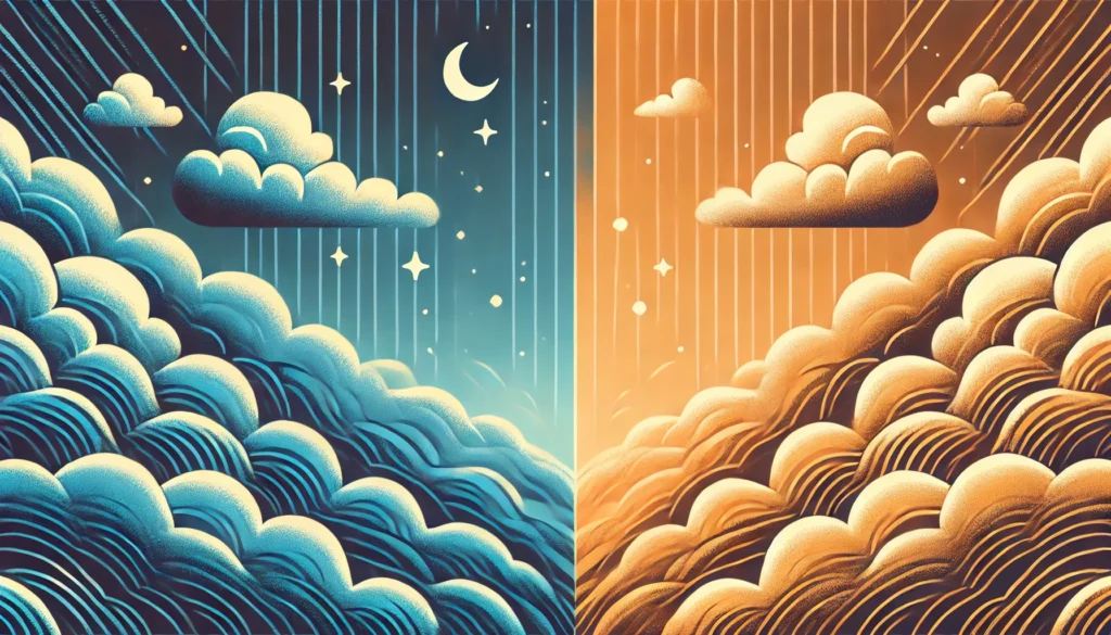 A split-view concept illustrating two meditation experiences—one side depicting a calm, blue-toned atmosphere with gentle waves (symbolizing Calm), and the other side showing a warm, orange-toned atmosphere with soft clouds (symbolizing Headspace). The contrast highlights different meditation styles.