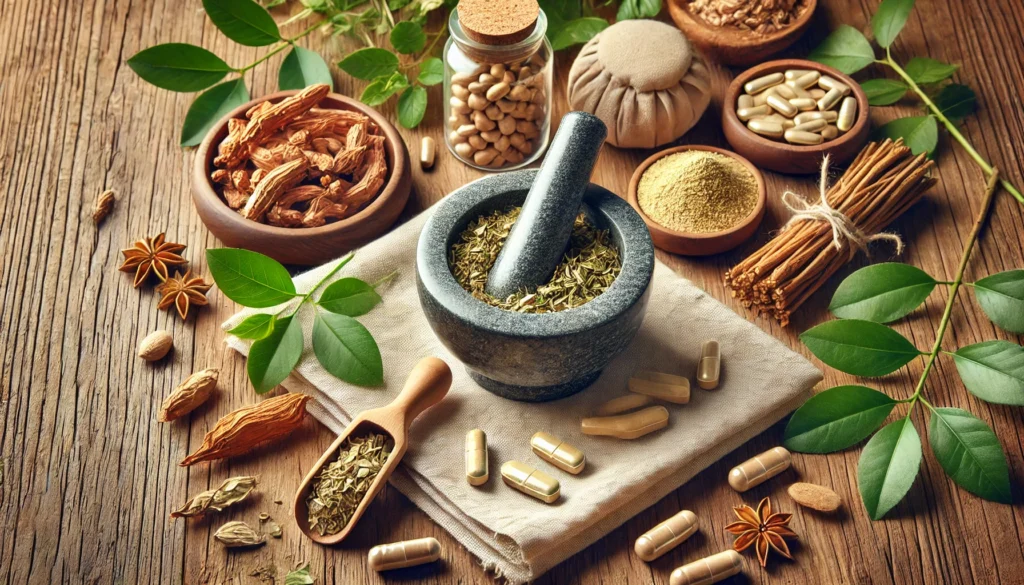 A holistic display of natural remedies for anger and irritability, showcasing a mortar and pestle with crushed herbs, a small bowl of Rhodiola Rosea root, ashwagandha capsules, and vitamin B complex tablets, all arranged against a warm wooden background with fresh leaves.