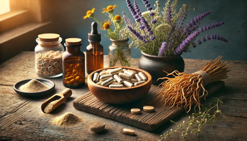 An artistic composition of vitamins for anger and irritability, featuring a wooden bowl of omega-3 capsules, a bundle of ashwagandha roots, a dish of magnesium powder, and a bottle of vitamin D drops, surrounded by lavender and chamomile flowers in soft natural lighting.