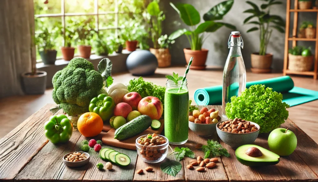 A vibrant representation of healthy living, featuring a wooden table filled with fresh organic fruits and vegetables, a glass of green smoothie, a bowl of nuts and seeds, and a water bottle. The soft natural lighting, green plants, and a yoga mat in the background symbolize a balanced and wellness-focused lifestyle.