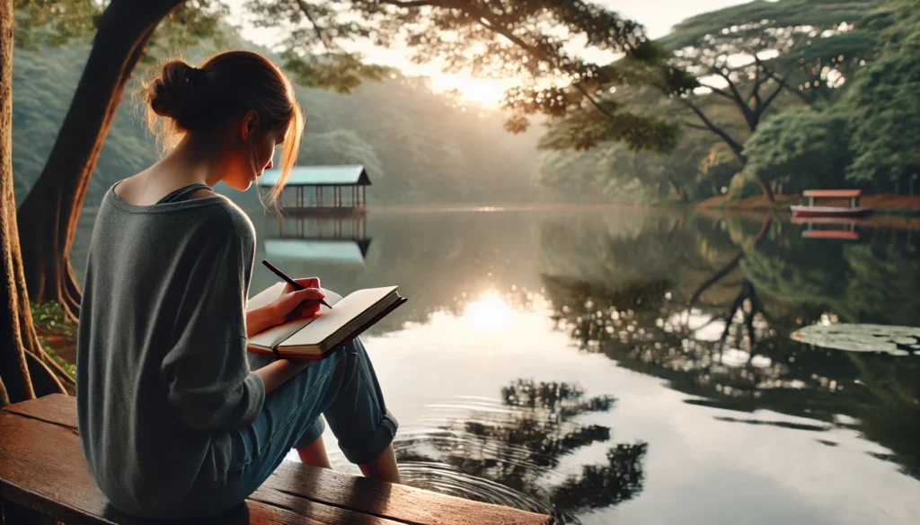 A person journaling outdoors in a peaceful natural setting, sitting on a bench near a lake. Their notebook is open, and they are writing with a calm expression. The surrounding trees, calm water, and soft sunlight create a tranquil atmosphere, symbolizing the practice of clearing the mind.