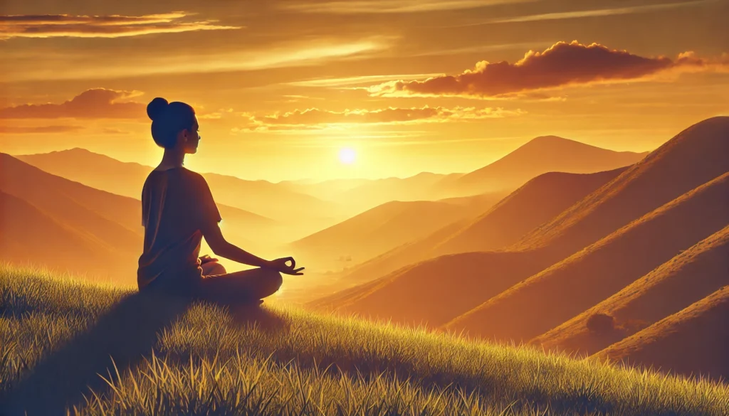 A person meditating on a grassy hill at sunrise, sitting cross-legged with eyes closed and a relaxed posture. The sky is painted with warm golden hues, and the distant mountains create a peaceful backdrop, symbolizing mindfulness and mental decluttering.